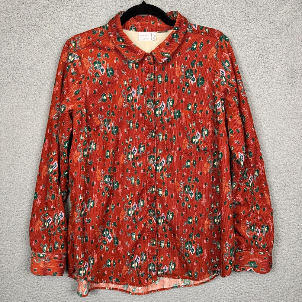 Anthropologie Top Womens 14‎ Rust Orange Corduroy Floral Button Boho Prairie